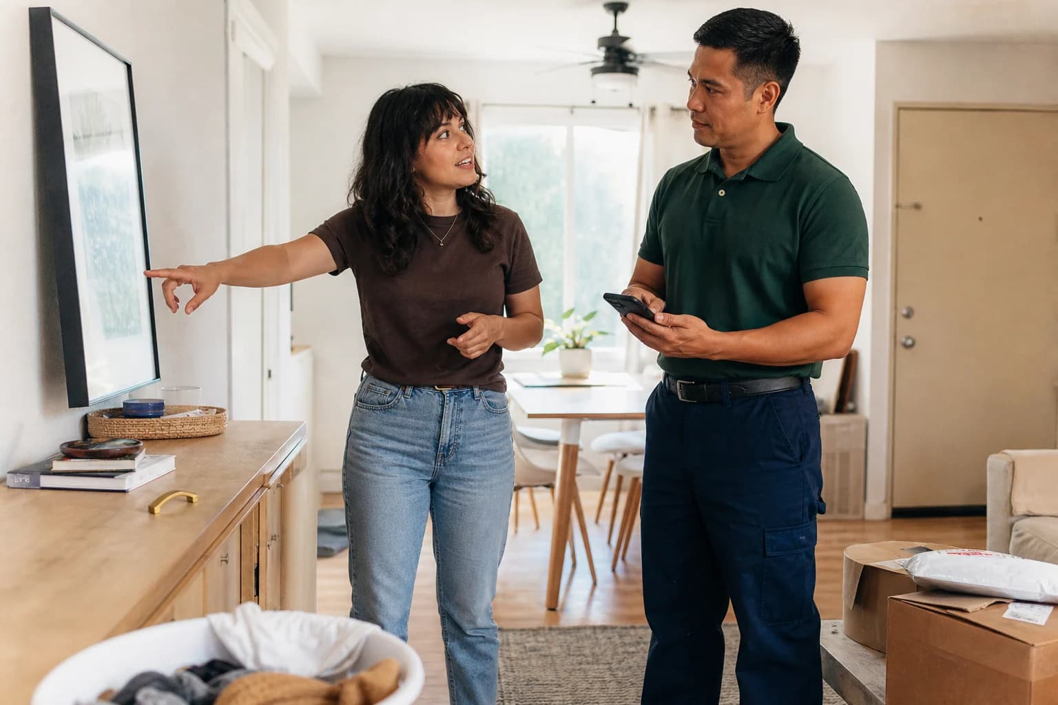 Homeowner and service professional reviewing a repair detail together