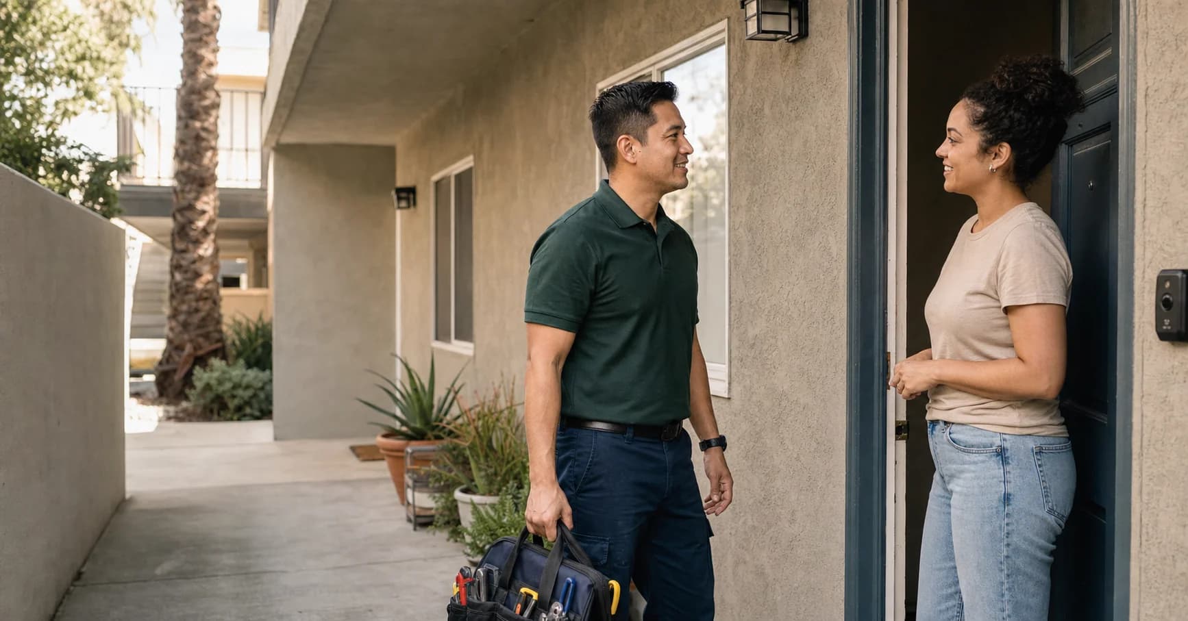 Friendly home-service professional greeting a homeowner at the door