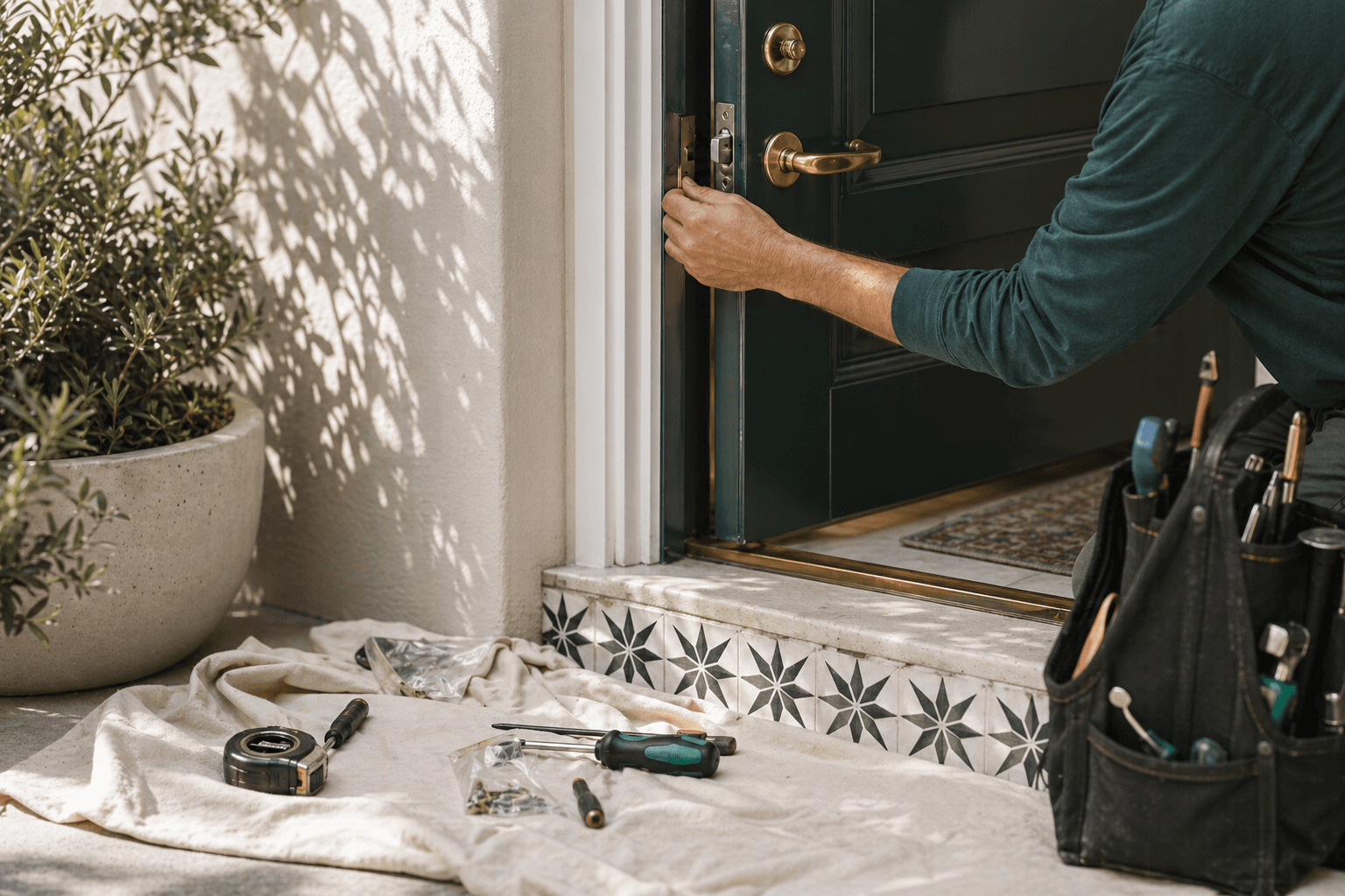 Exterior residential door hardware prepared for careful adjustment