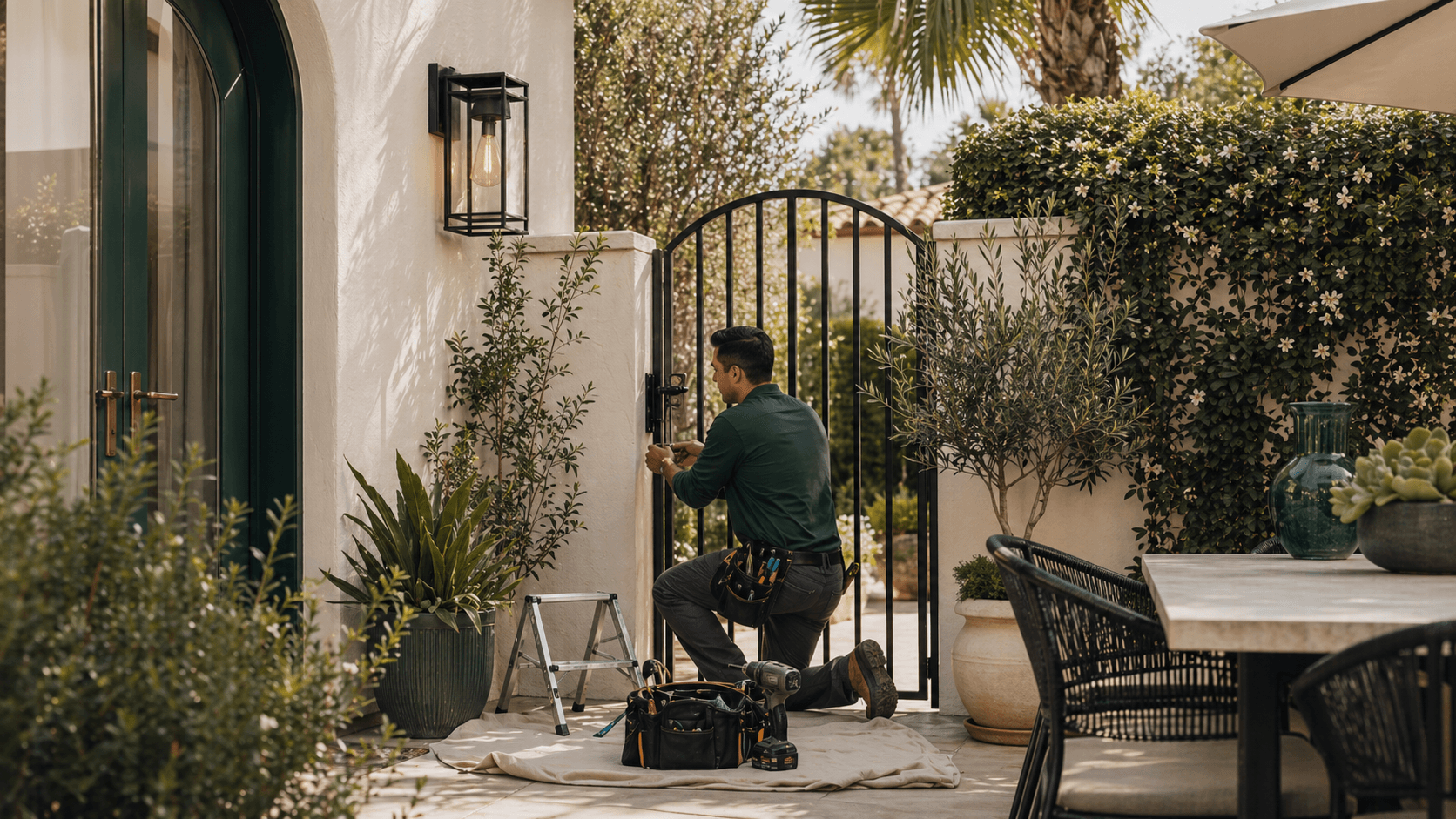 Home-service professional working at a landscaped residential courtyard