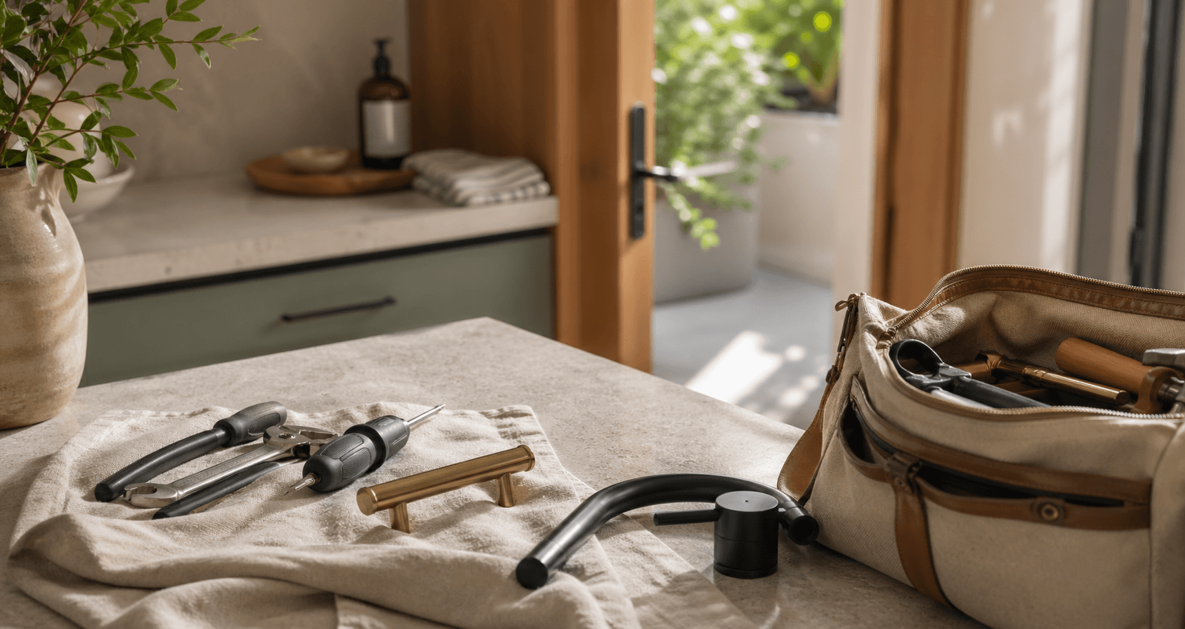 Organized home-service tools prepared in a refined residential interior
