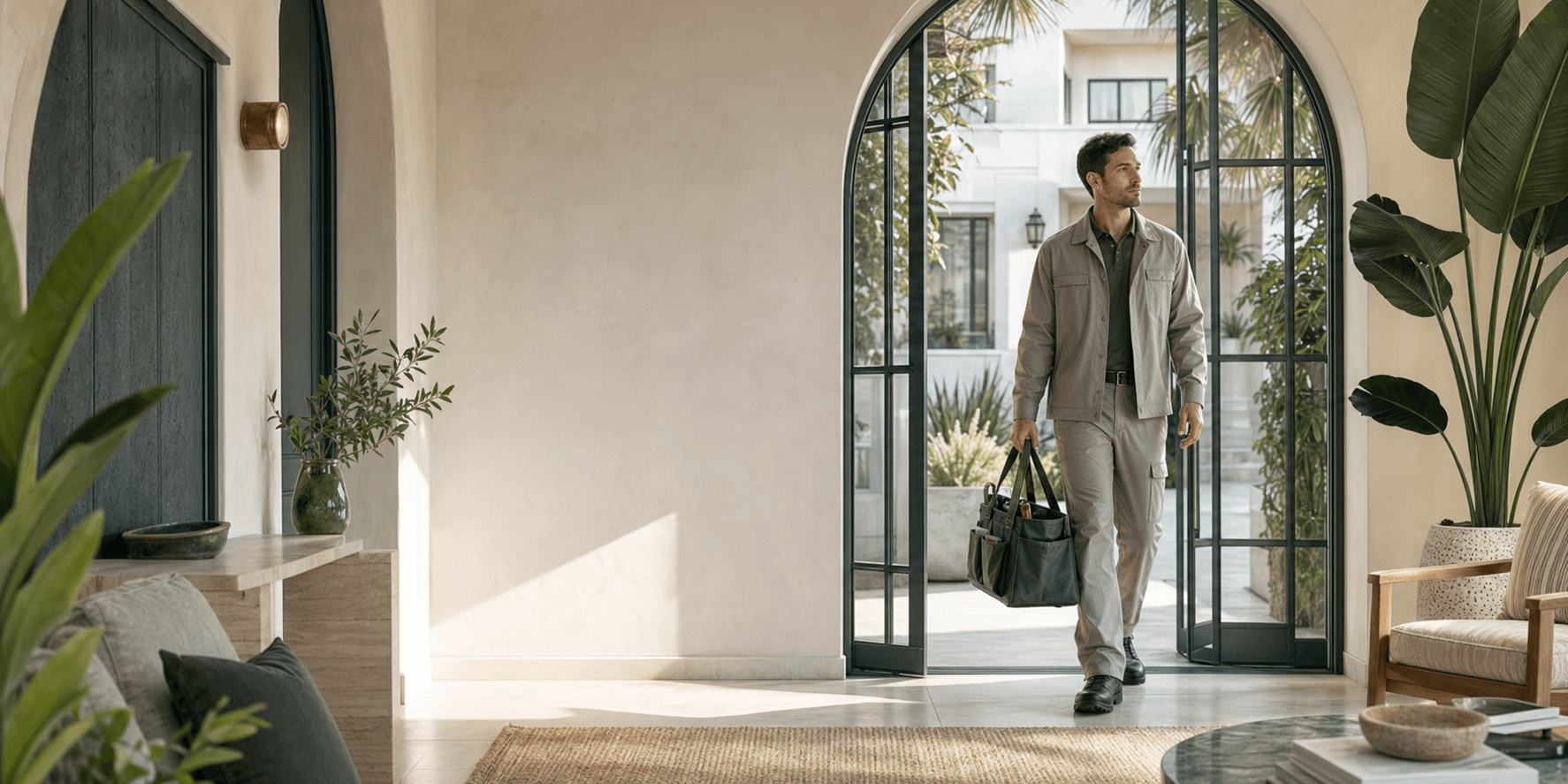 Home-service professional arriving through a refined coastal entry