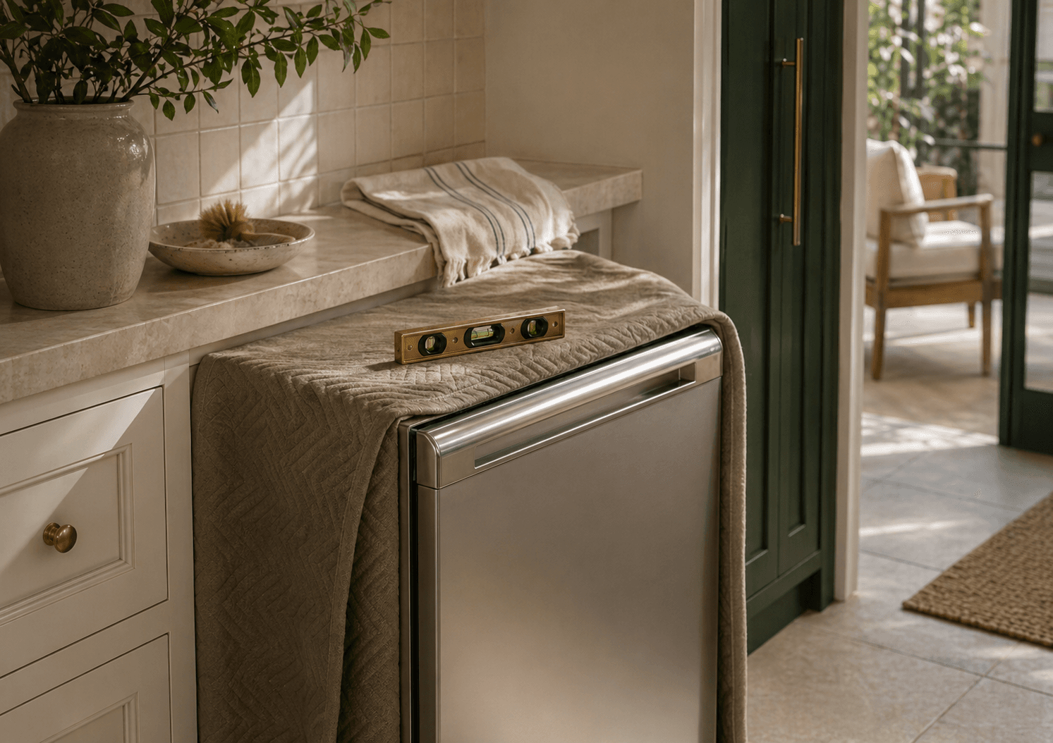 Household appliance setup in a clean residential kitchen