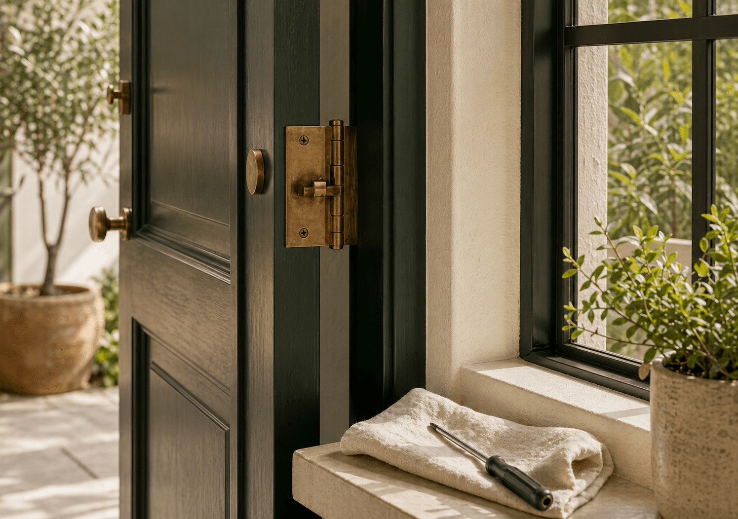 Residential door hardware being carefully adjusted