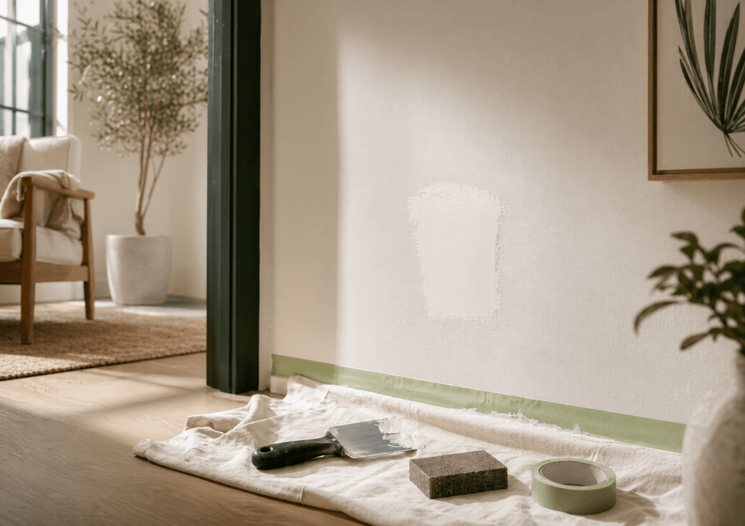 Clean residential drywall repair preparation with patching tools