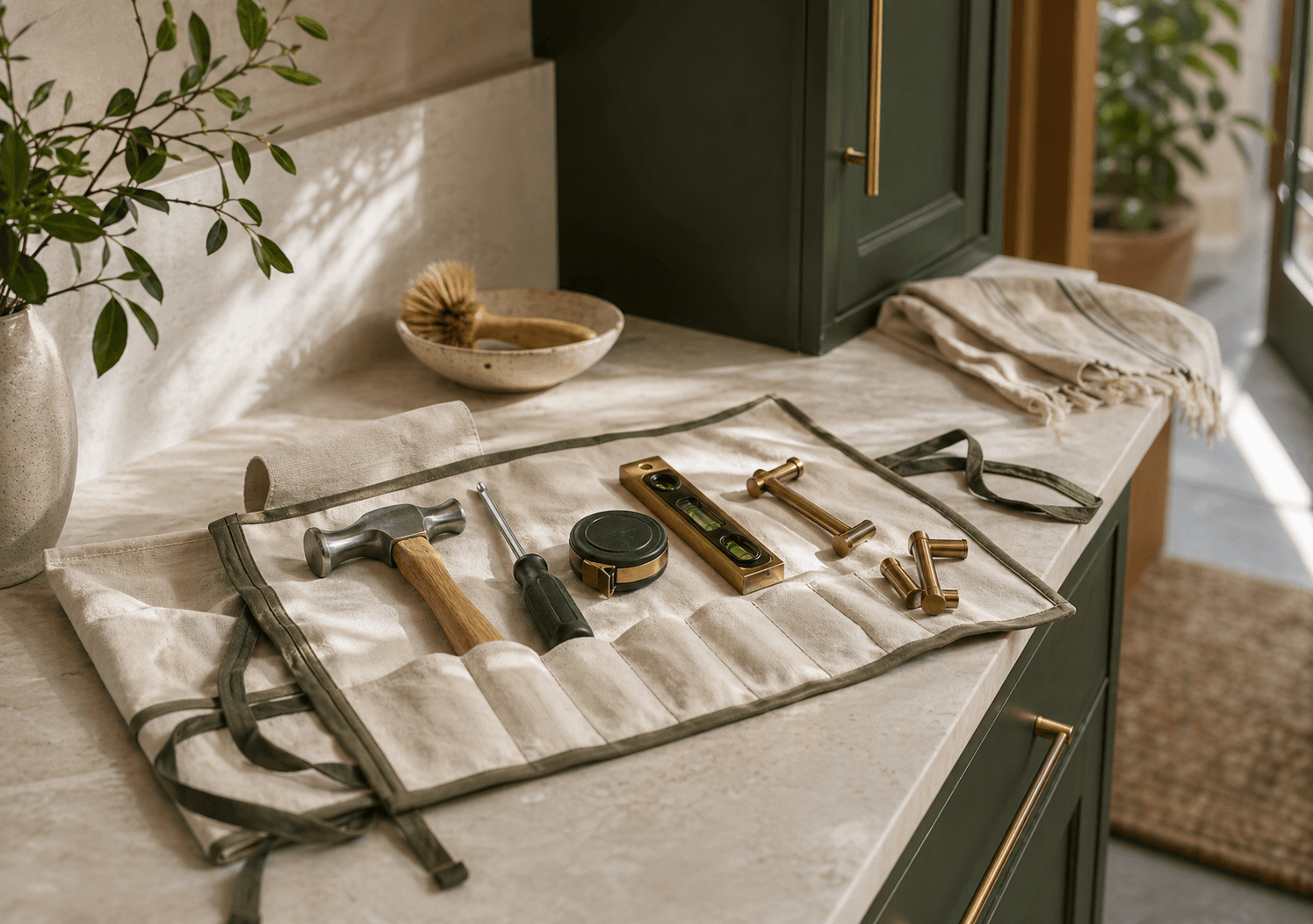 Organized hand tools prepared for a residential handyman visit