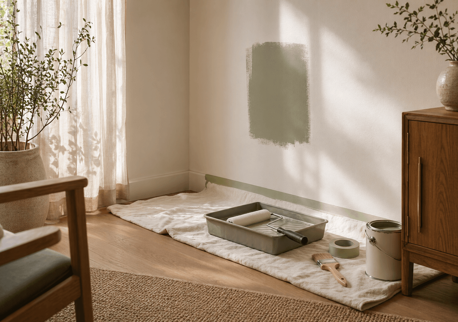 Careful interior painting preparation in a bright home