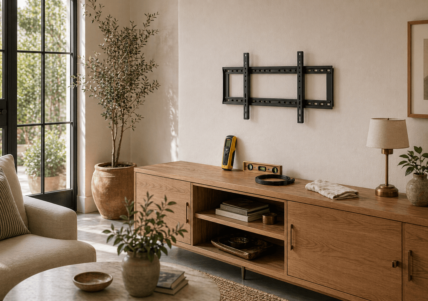 Wall-mounted television in a carefully finished living room
